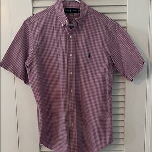 Ralph Lauren Men's Pink and Navy Blue Short Sleeve Shirt - Large